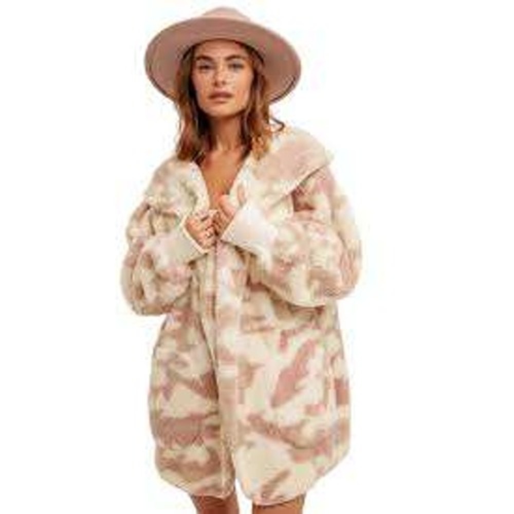 Hem & Thread Sherpa Hooded Jacket Oversized Faux Fur Cream Mauve One Size OS